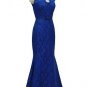 Qpid Showgirl Blue lace V neckline short sleeves scallop back evening dressÂ