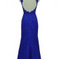 Qpid Showgirl Blue lace V neckline short sleeves scallop back evening dressÂ