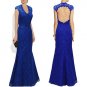 Qpid Showgirl Blue lace V neckline short sleeves scallop back evening dressÂ