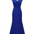 Qpid Showgirl Dress Blue Lace V Neckline Short Sleeves Scallop Back Evening
