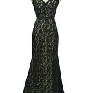 Qpid Evening Dress Showgirl Black Lace V Neckline Short Sleeves Scallop Back
