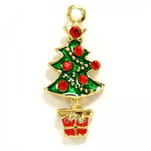 Gold tone christmas tree with red rhinestones