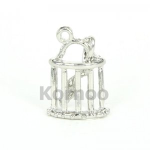 Movable Bird in Cage Charm Sliver