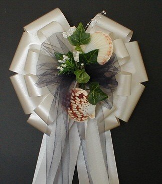 SEASHELLS (Beach) Ivory Navy Blue Tulle Pew Bows - Wedding Decoration