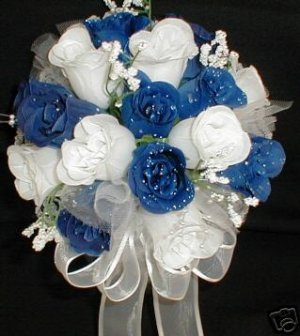 8" Round White & Royal Blue Rose Buds Bride/Bridesmaid Bouquet - Wedding -