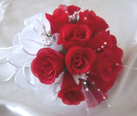 8" Round Red Rose Buds Bride/Bridesmaid Bouquet - Wedding -