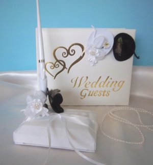 WESTERN Cowboy Peacock Feather Hats/Gold Hearts Guest Book and Pen Set Wedding