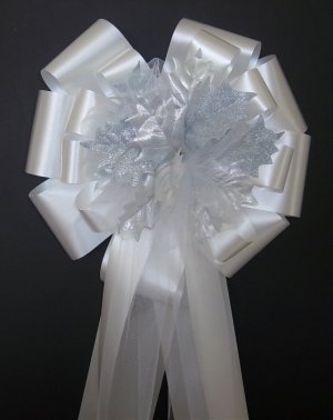6 WHITE/Christmas Silver Leafs/Leaves Pew Bows - Wedding Decorations