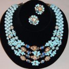 Vintage Japan Glass Bead Necklace, Earrings in Blue