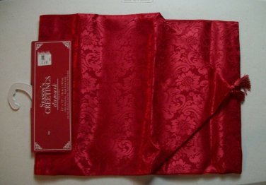 Christmas Red Damask Table Runner Fringe End 13 x 72 Inches By Seasons Greetings