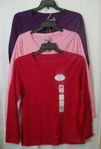 Three Comfort Blend V-Neck Long Sleeve Tees By Hanes Various Colors Medium