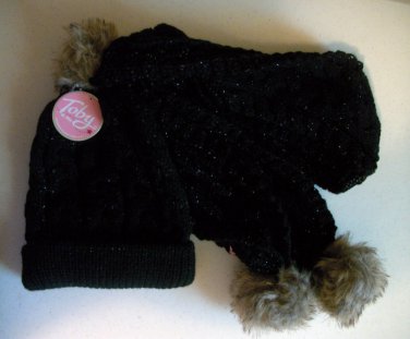 Two Peice Winter Cable Knit Cap and Scarf With Synthetic Fur Poms