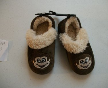 Toddler / Boys Brown Monkey Theme Fur Trim Slippers Size Medium ( 7-8 )