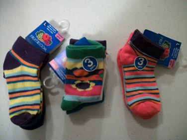 Three Sets 3-Pack (1 Crew, 2 Ankle) Socks Girl Toddlers Size Large