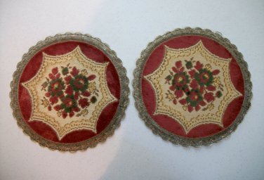 Vintage Austrian Circular Gold Trim Burgundy Floral Theme Doilies
