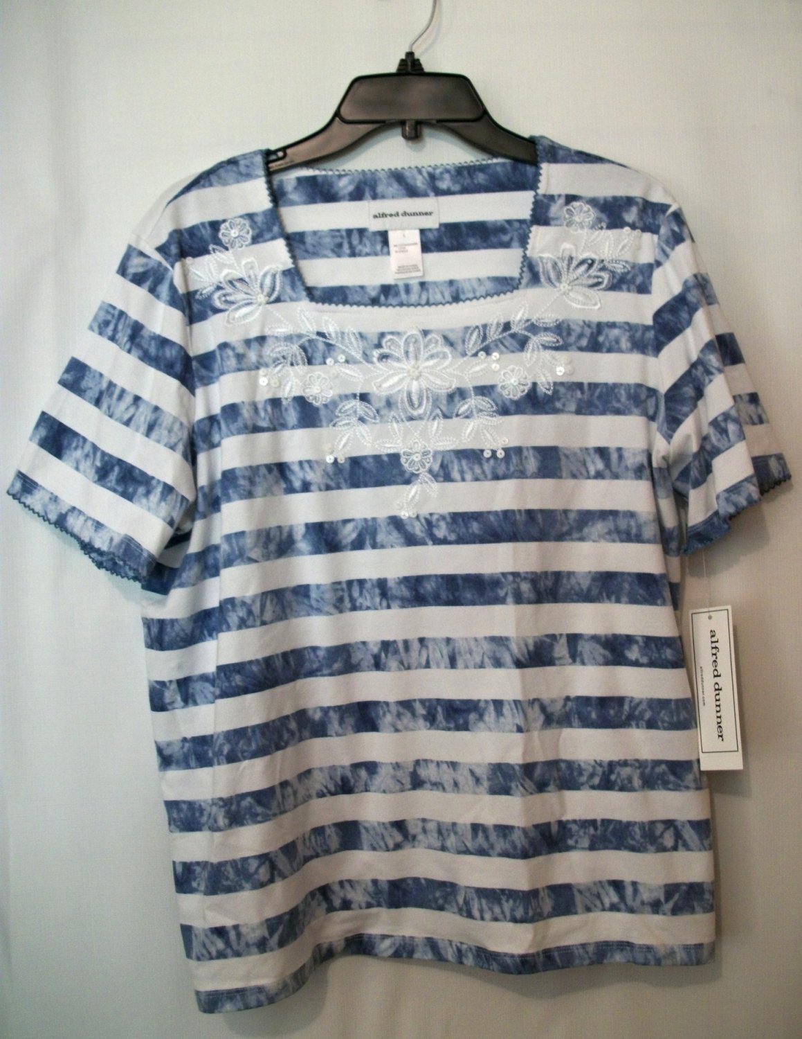 Alfred Dunner Blue & White Stripes Short Sleeve Embroidered Top