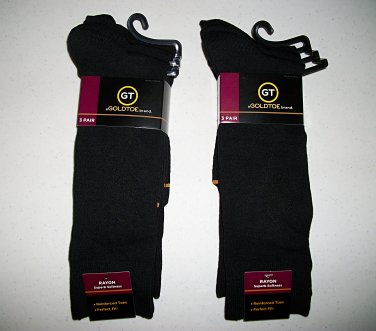 Two 3-Pair Sets Mens Goldtoe Black Rayon Dress Socks Size 10-13
