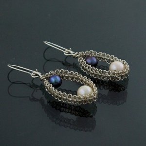 Silver weave earrings with natural pearls