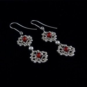 Silver plated wire wrapping earrings with cornelian agate