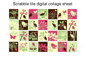 Pink and green floral scrabble tile size 4x6 digital collage sheet