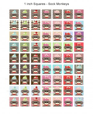 Sock Monkeys on 1 inch squares full size digital collage sheet