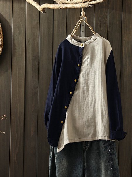 Gracila Vintage Side Button Crew Neck Two-tone Patch Blouse