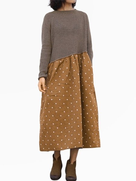 Pot Print Patched Long Sleeve Vintage Dress With Pocket