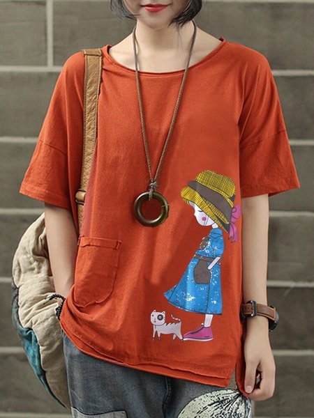 Cartoon Print Patch Short Sleeve Vintage Plus Size Blouse