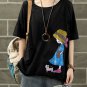 Cartoon Print Patch Short Sleeve Vintage Plus Size Blouse