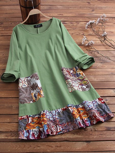 O-NEWE Vintage Patchwork Print Plus Size Blouse with Pockets