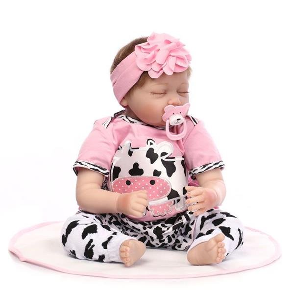 22" Mini Cute Simulation Baby Sleeping Baby in Cow Pattern Clothes Pink