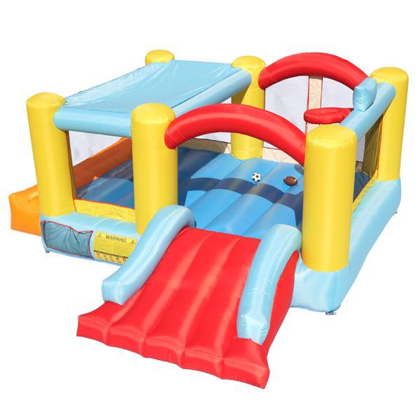 bounce house with slide and basketball hoop