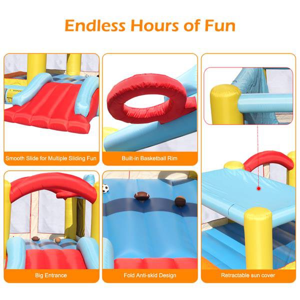 bounce house with slide and basketball hoop