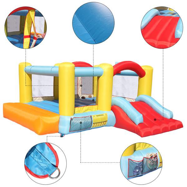 bounce house with slide and basketball hoop