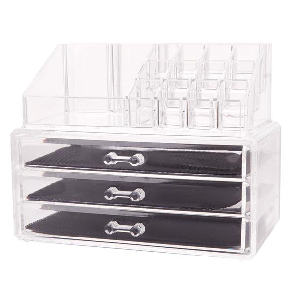 Home Use Space-saving Rectangular Compartments & 3-Layer Drawers Integrated Plastic Makeup Case Tran