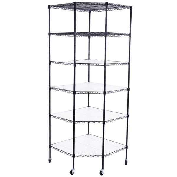 6-Layer Plastic Coated Polygonal Corner Shelf with 2" PP Wheels 680*680*1800 Black
