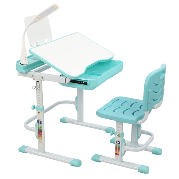 70CM Lifting Table Top Can Tilt Children Learning Table And Chair Blue-Green With Reading Desk Lamp