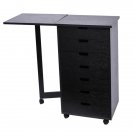 Wood Filing Cabinet, 7 Drawer Gate Leg Roll Cart with Desk Black Color