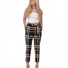 Women's Pants, Tapered Cut Trousers - Belted / Black & Orange / Plaid