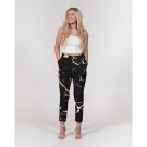 Women's Pants, Tapered Cut Trousers - Belted / Black / Golden Swirl Print