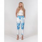 Women's Pants, Tapered Cut Trousers - Belted / Blue & White / Mosaic Design