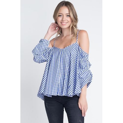 Women's Cold Shoulder Checkered Top