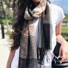 Hand Loomed Black Wool And Silk Check Scarf