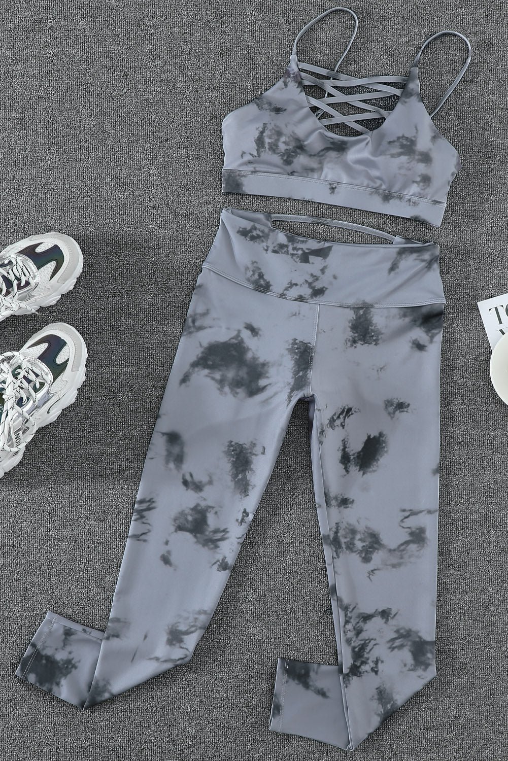 Womens Gray Tie-dye Crisscross Sport Bra and Leggings Set