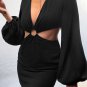 Black V Neck Cut-out Puff Long Sleeve Mini Dress