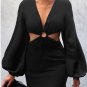 Black V Neck Cut-out Puff Long Sleeve Mini Dress