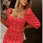 Red Daisy Print Square Neck Puff Sleeve Mini Dress