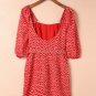 Red Daisy Print Square Neck Puff Sleeve Mini Dress