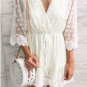 White Wrap V Neck Elastic Waist Polka Dot Mesh Lace Splicing Dress