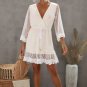 White Wrap V Neck Elastic Waist Polka Dot Mesh Lace Splicing Dress